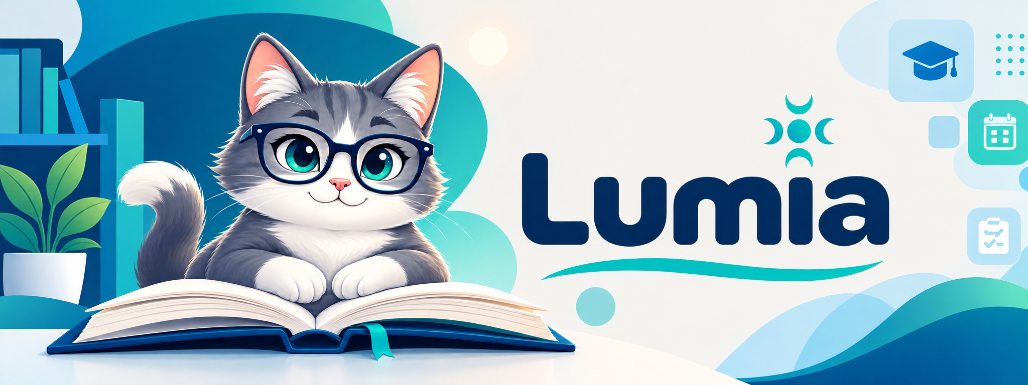 LUMIA, asistente educativo representado por un gato junto a un libro